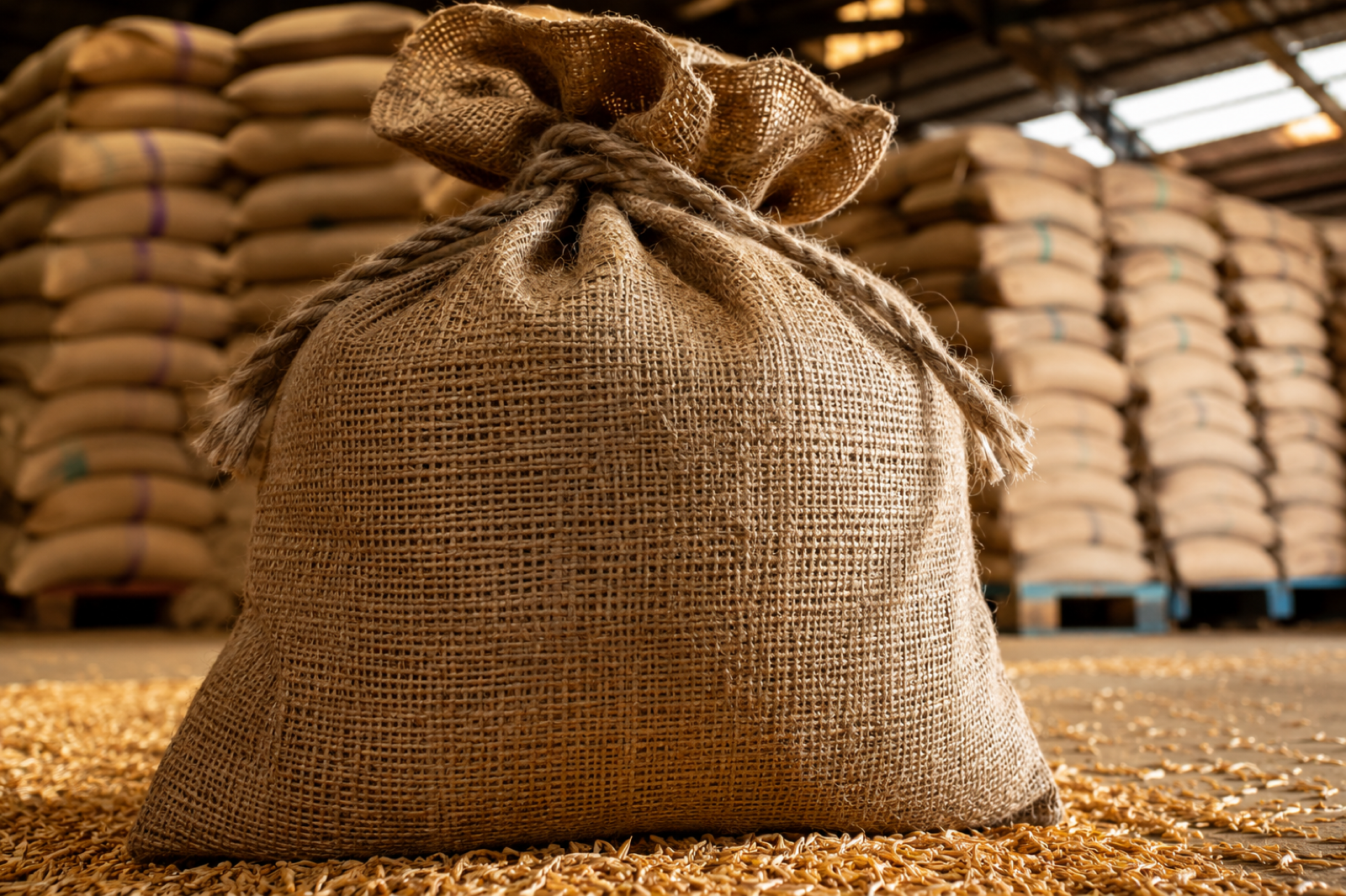 Jute bags stacked in a grain warehouse