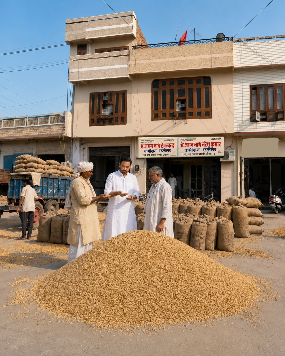Naresh Bansal examining wheat grain with farmers at Shop No. 113A, New Anaj Mandi Tohana